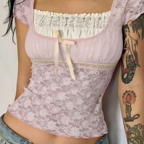 Square Neck Lace Spliced Tie Slim Blouse